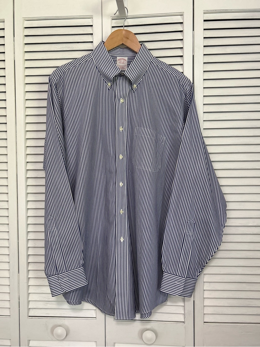 Brooks Brothers Navy and White Striped Button-Down Dress Shirt